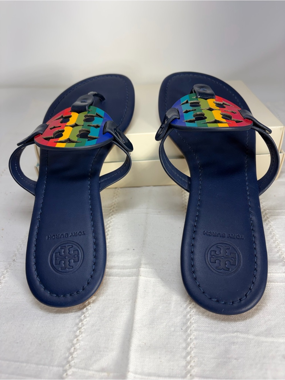 Tory Burch Navy Leather Sandals with Rainbow Logo